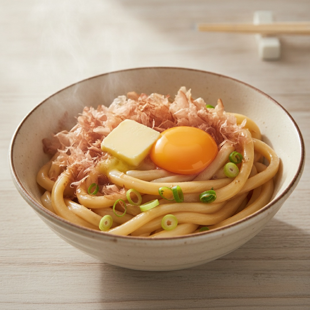 うどん・ラーメン・焼きそばの一例：わさびバター釜玉うどん